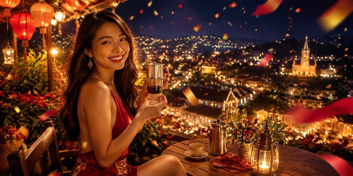 Khung cảnh quán cà phê Đà Lạt với người chơi đang kiểm tra voucher casino trên laptop