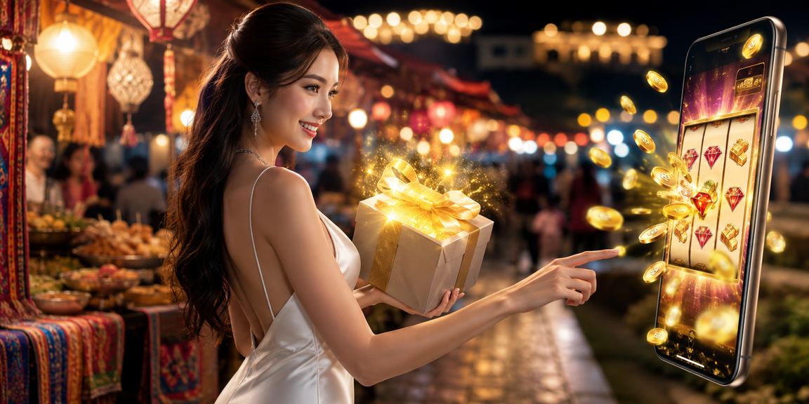 Người dùng tại chợ đêm Sapa đang chơi slot game trên điện thoại trong ánh đèn lung linh
